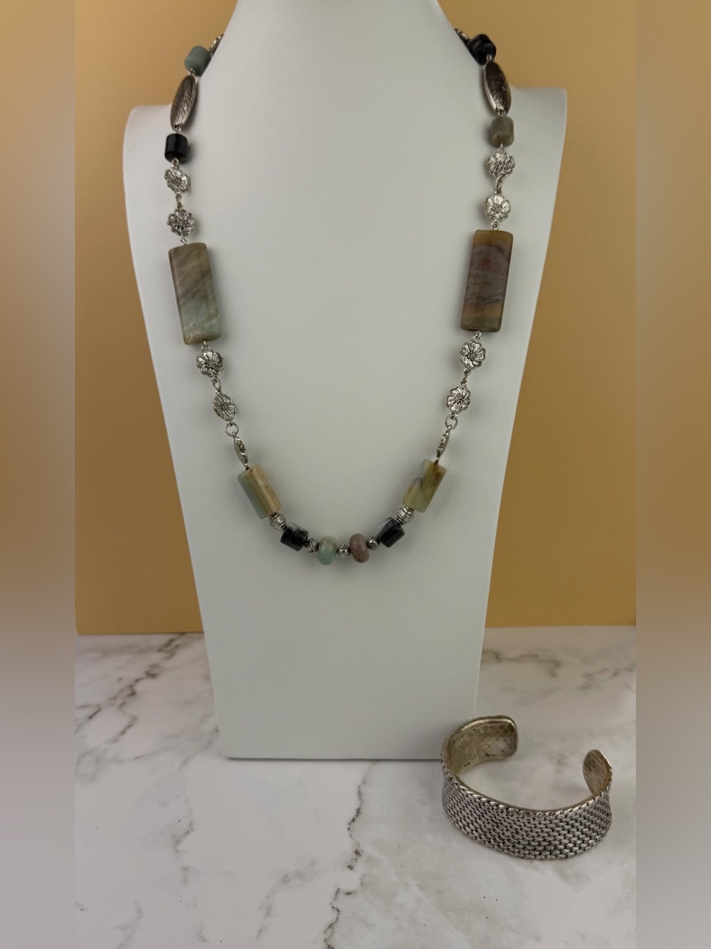 Premier Designs Earthy Beaded Necklace & Silver Woven Cuff – Rustic Vintage